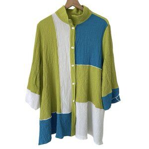 IC By Connie K Tunic Top 2X Lagenlook Artsy Collar Gauzy Button Blouse Pockets